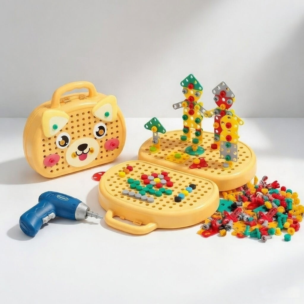 STEM Screw Puzzle Suitcase Toy | Kids Creative Construction Toolbox Kit with Safe Electric Drill