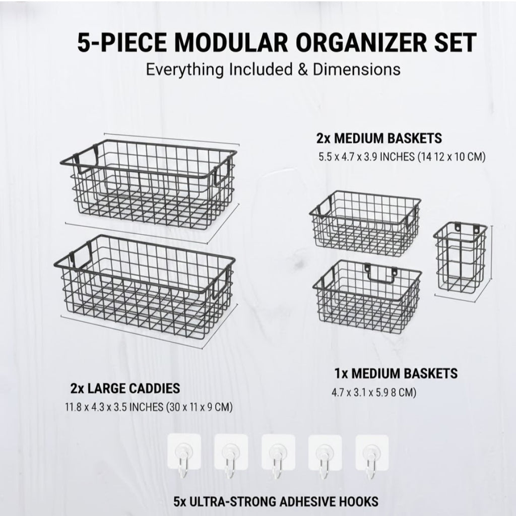 5-Piece Heavy Duty Adhesive Bathroom Organizer with Hooks (Matte Black)