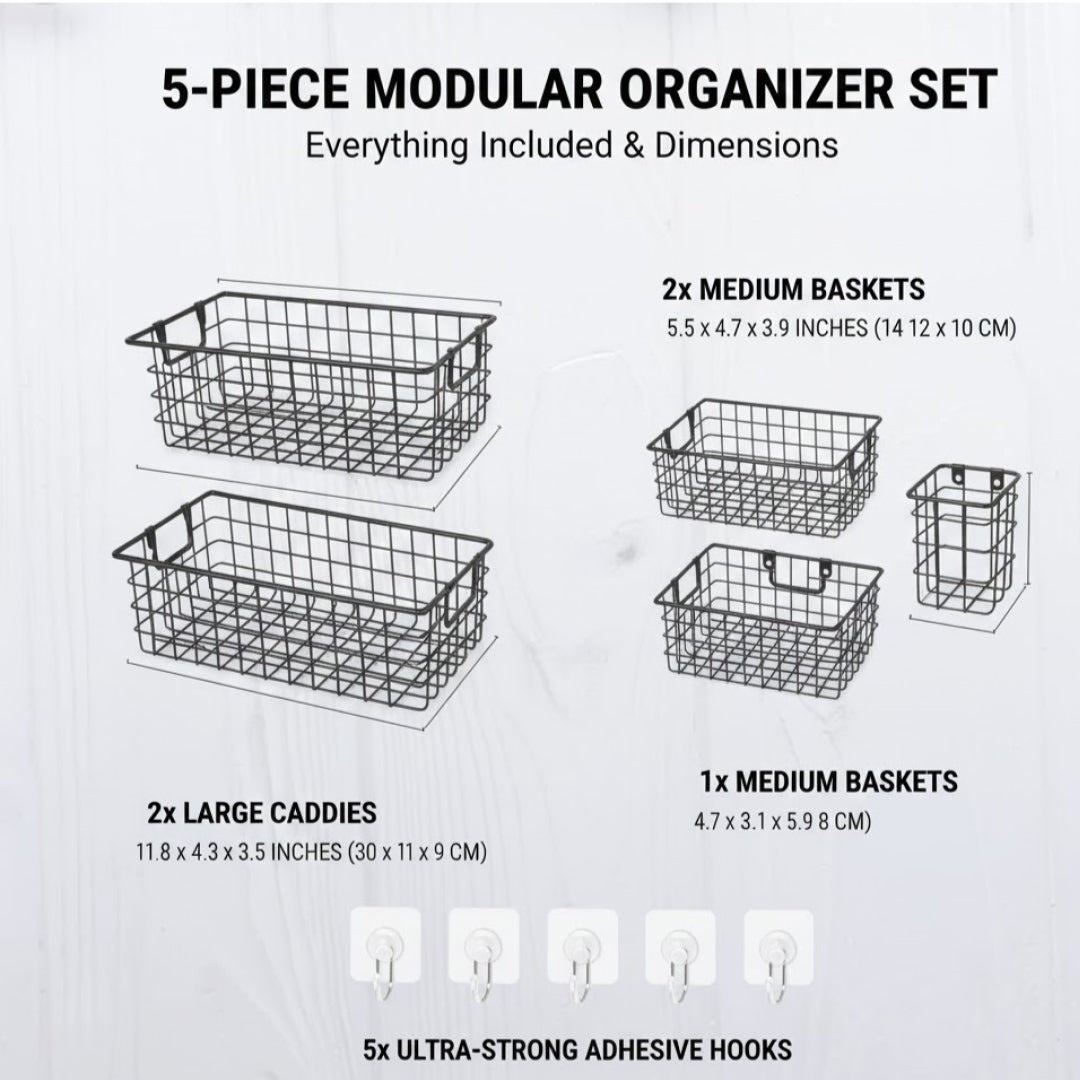 5-Piece Heavy Duty Adhesive Bathroom Organizer with Hooks (Matte Black)