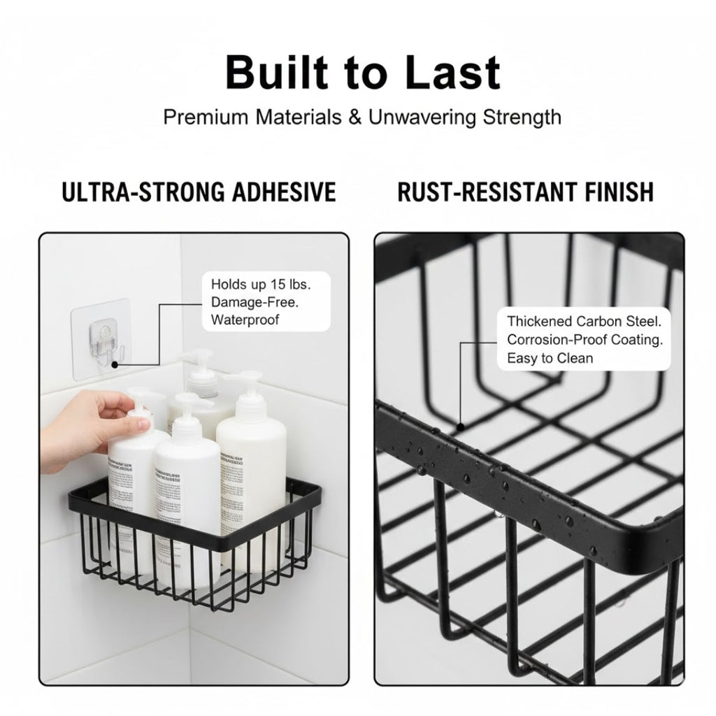 5-Piece Heavy Duty Adhesive Bathroom Organizer with Hooks (Matte Black)