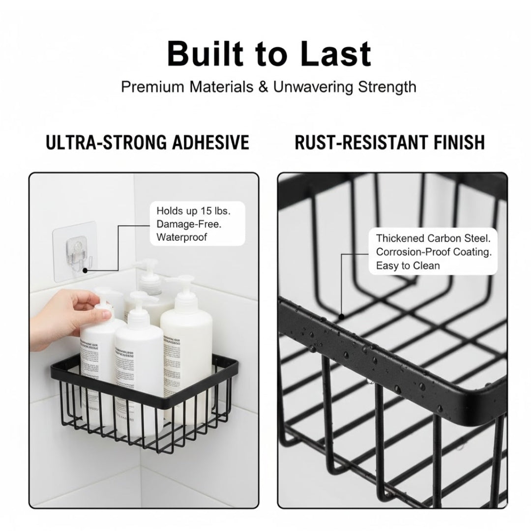 5-Piece Heavy Duty Adhesive Bathroom Organizer with Hooks (Matte Black)