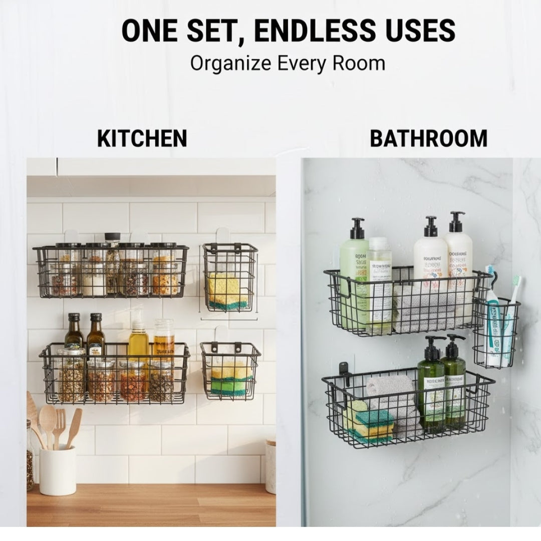 5-Piece Heavy Duty Adhesive Bathroom Organizer with Hooks (Matte Black)