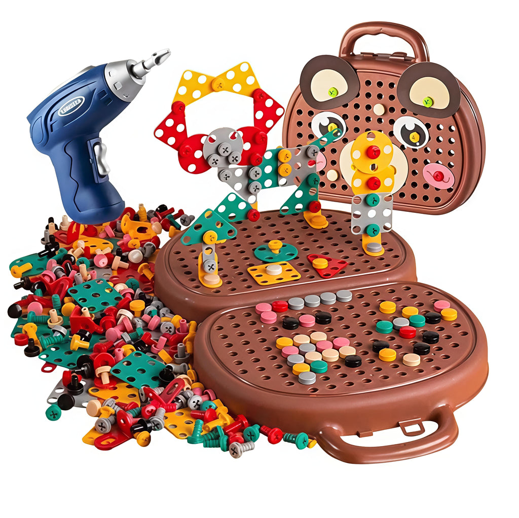 STEM Screw Puzzle Suitcase Toy | Kids Creative Construction Toolbox Kit with Safe Electric Drill
