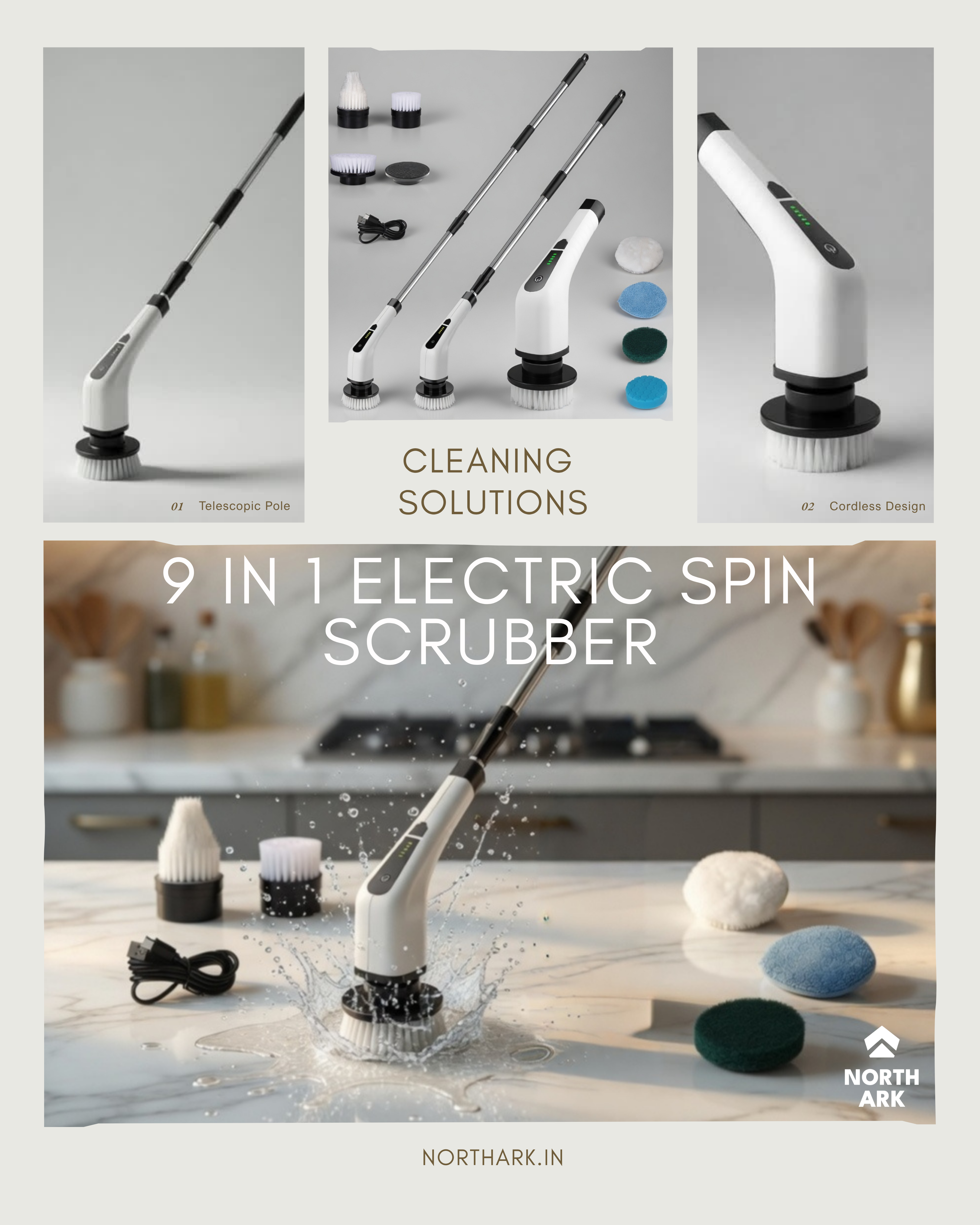 9-in-1 Electric Spin Scrubber | Cordless Power Cleaning Brush with Telescopic Handle & LCD Display for Bathroom, Kitchen, & Car