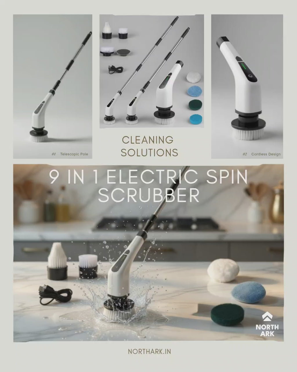 9-in-1 Electric Spin Scrubber | Cordless Power Cleaning Brush with Telescopic Handle & LCD Display for Bathroom, Kitchen, & Car