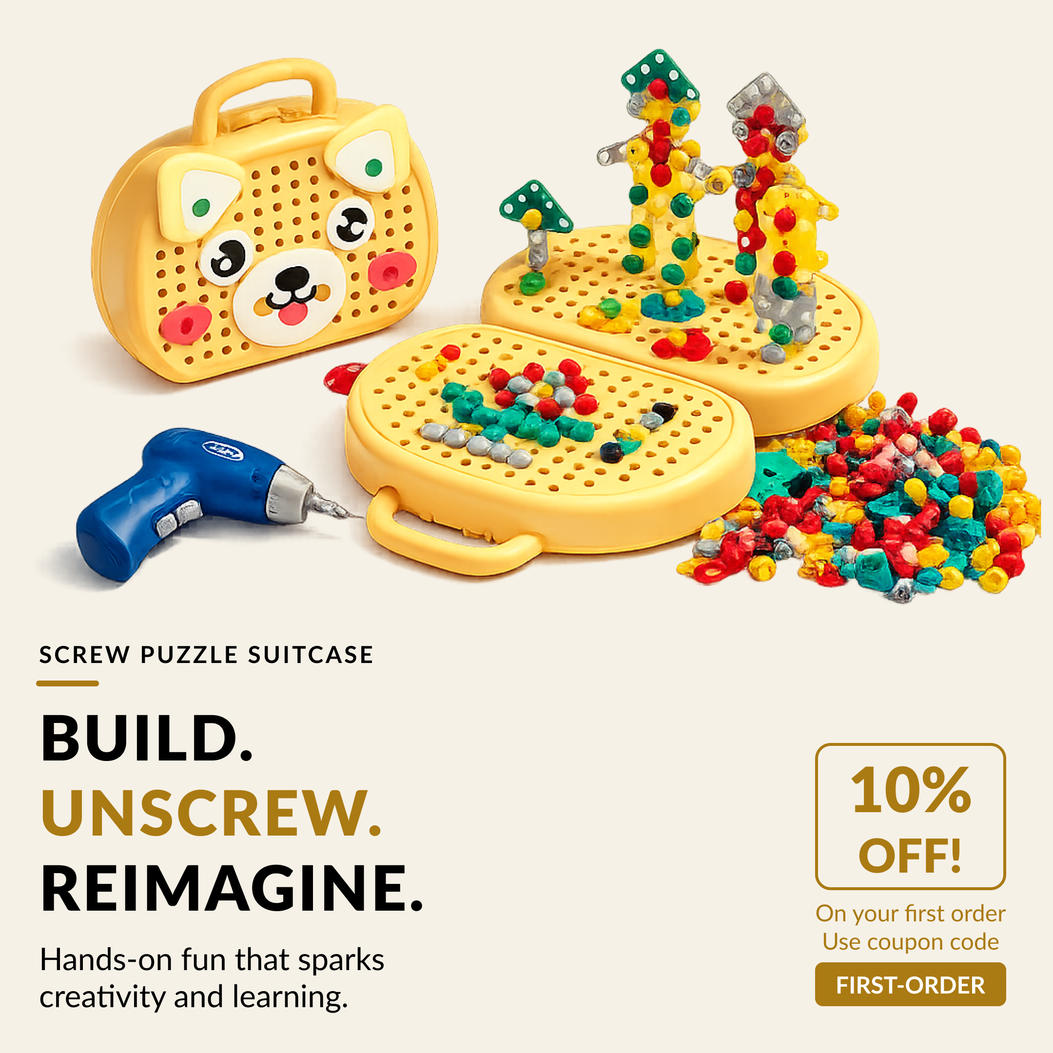 STEM Screw Puzzle Suitcase Toy | Kids Creative Construction Toolbox Kit with Safe Electric Drill